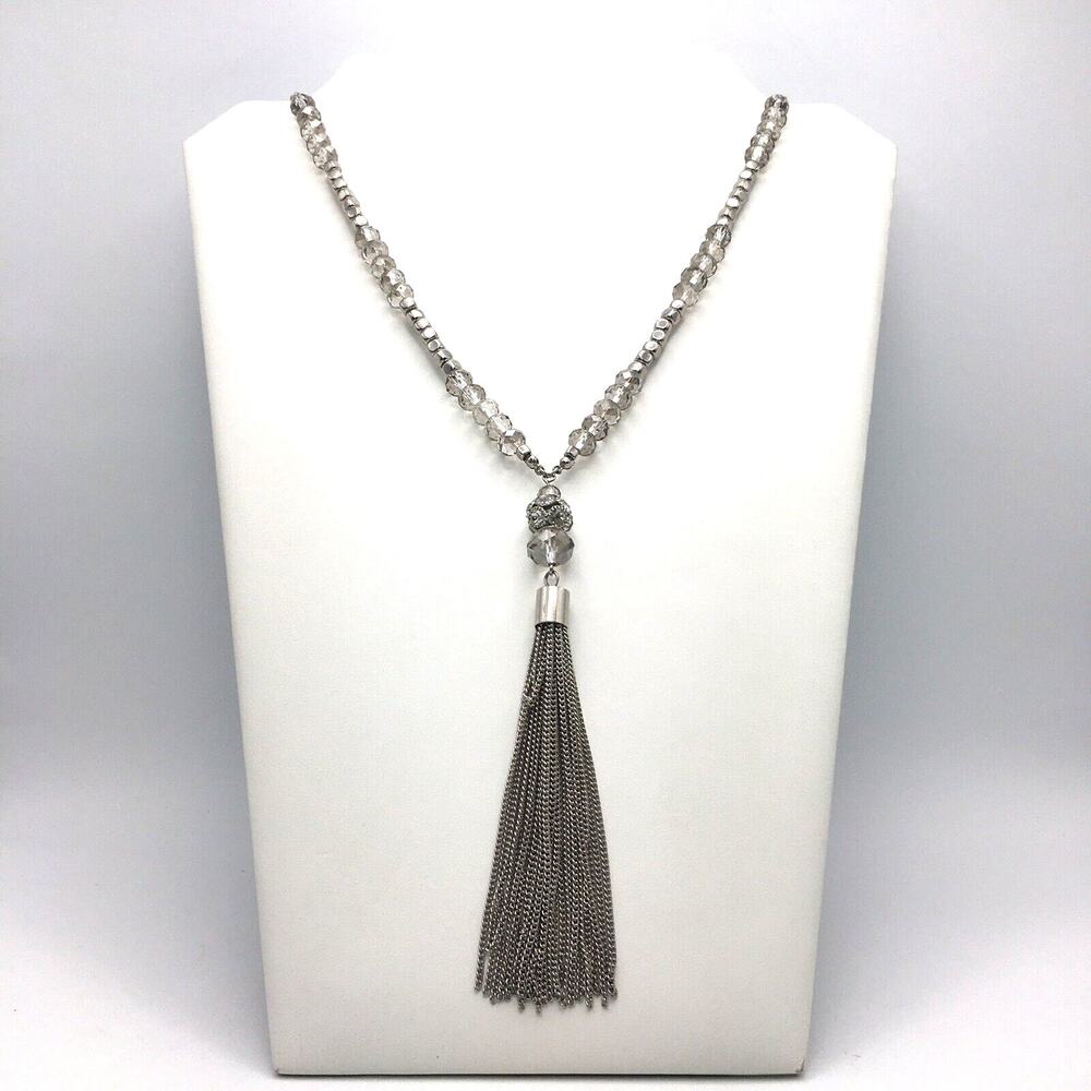 Signed NY Faceted Crystal Bead Silver Tone Chain Tassel Pendant Tassel Necklace
